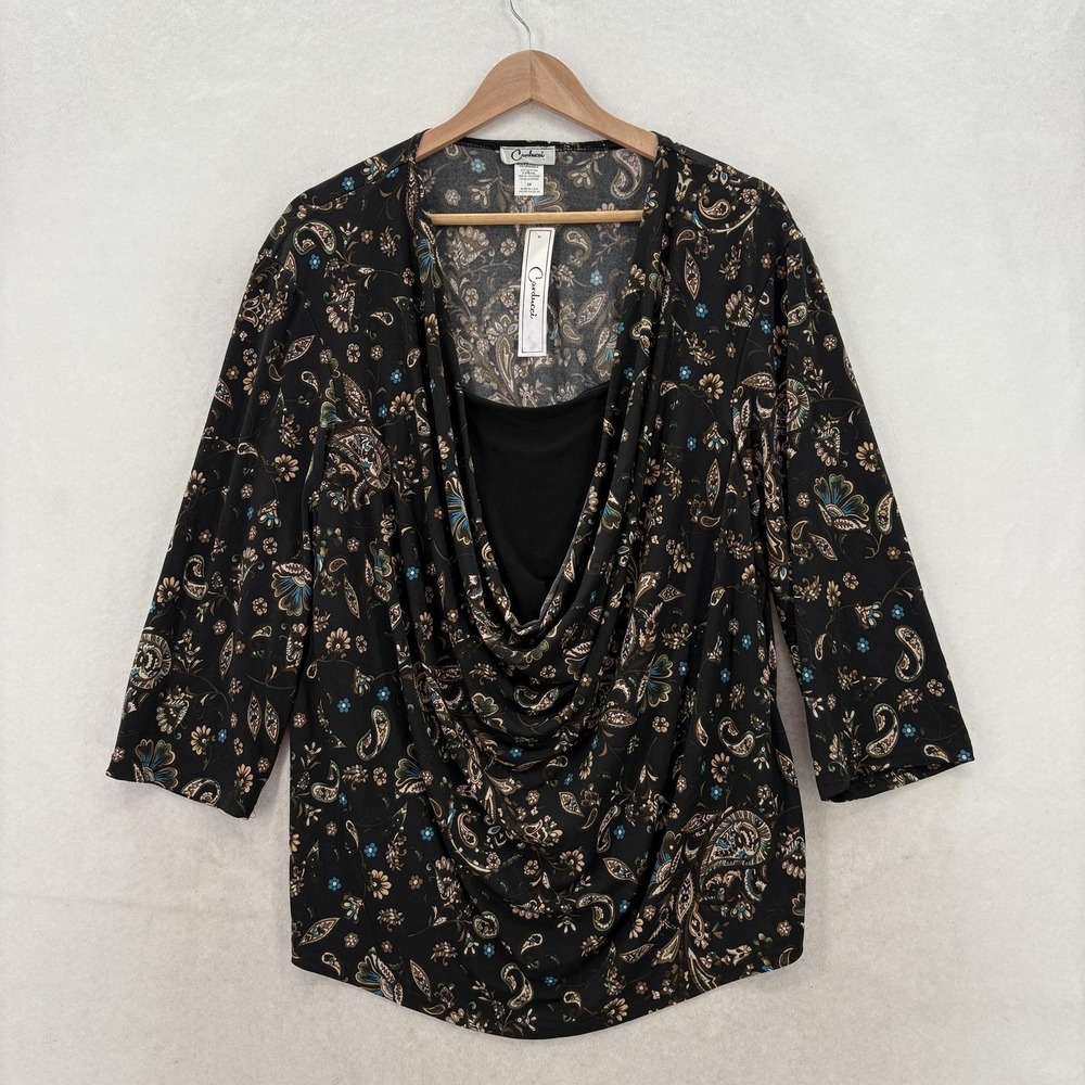 Carducci Blouse Womens 3X Black Paisley Cowl Neck 3/4 Sleeve Tunic USA Y2K VTG